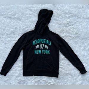 AEROPOSTALE BLACK WITH TEAL LOGO PULLOVER HOODIE. SIZE SMALL